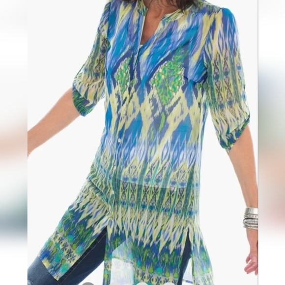 Chico's Sheer Ikat Breeze Duster Roll-tab Sleeve sz L/XL.  NWOT - Picture 6 of 6